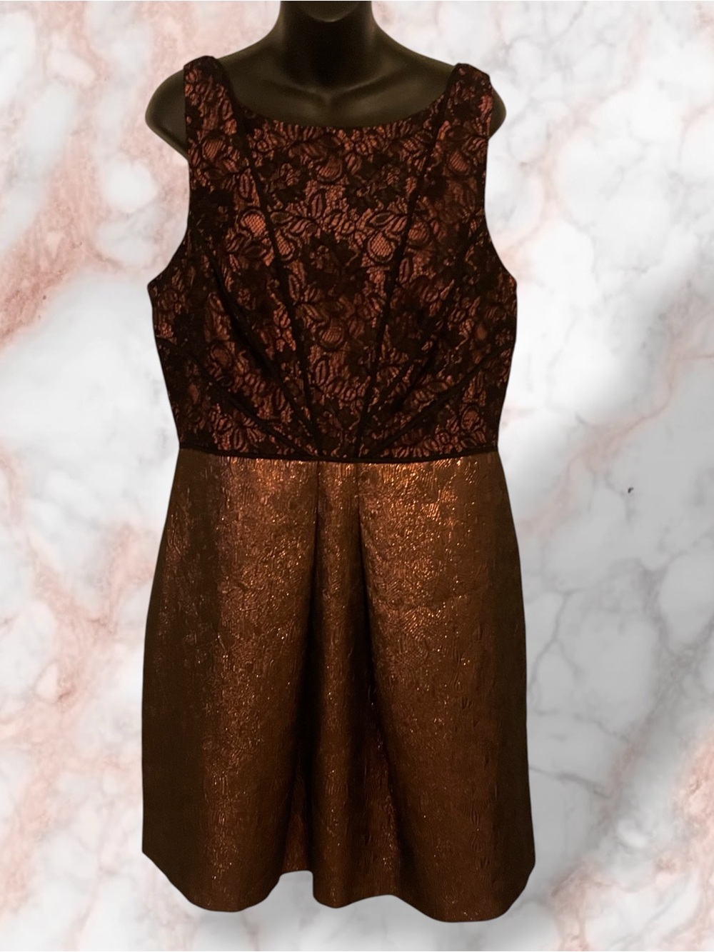Adrianna Papell Lovely Black and Metallic Rose Copper Lace  Dress Size 16